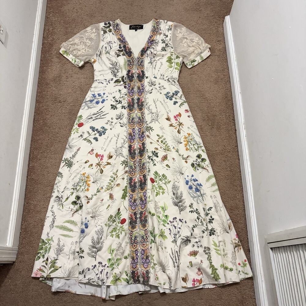 Geisha Design Anthropologie Donna Botanical Print Maxi Dress Embroidered M